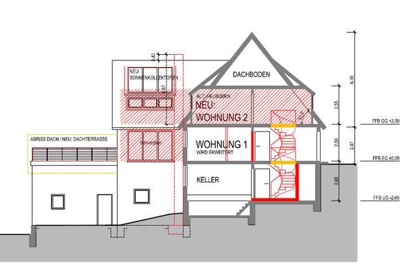 Schnittzeichnung eines Aus- und Umbauprojekts im Bestand