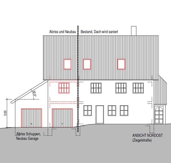 Ansichtzeichnung einer Gebäudeaufteilung im Bestand